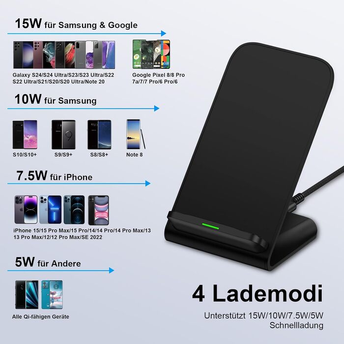 Бездротова зарядка 15W для Samsung Galaxy S25 Ultra, S24 FE, S23, S22, S21, S20, Z Flip6, Google Pixel 9 Pro, 8, 7, 6, iPhone 16, 15, 14 - чорний