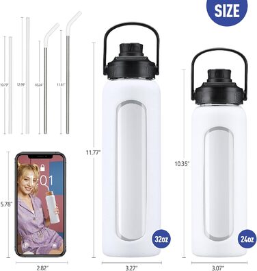 BLUEGO Glass Water Bottle - Sports Water Bottle with 2 Lids and Straw. Leak-proof glass bottle with time marker and measuring scale. BPA-free, (White, 900 ml)