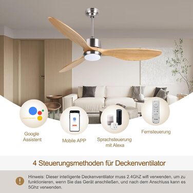 Deckenventilлятор Ovlaim 132 см з освітленням та пультом керування, тихий DC мотор, 3 лопаті, для дому, вітальні, спальні, Burlywood/Silver