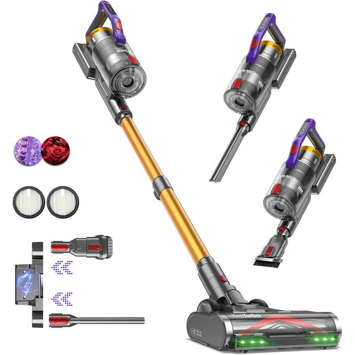 Бездротовий акумуляторний пилосос KIPMAX 50000Pa, 550W, 70 хвилин, 1.5L, з дисплеєм, антизаплутана щітка, 7-шаровий фільтр, 2 арома-пластини, для килимів, шерсті тварин, твердих поверхонь, золотий
