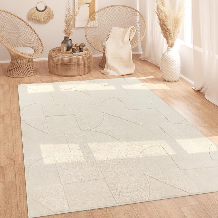 Paco Home Rug Living Room Bedroom High Pile Scandinavian Pattern Boho Look Solid Soft 3D Look Abstract Washable Cream, Size: 120x160 cm 120 x 160 cm (Rectangular) Cream - Geometric 1