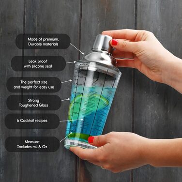 EVERYDAY COCKTAIL® Professional Glass Cocktail Shaker, 400 ml, Martini Shaker, Shaker with Recipes on the Side, Transparent Bar Shaker with Measurements, Integrated Strainer with Seal