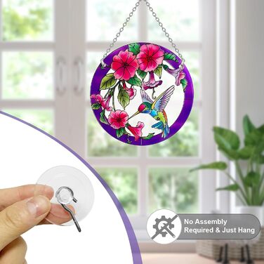 Stained Glass Window Hanging, Hummingbird Gifts for Women, Bird and Flower Window Sun Catcher, 6 inches, Purple Sun Catcher, Hand-Painted Glass for Bird Lovers (6 inches)
