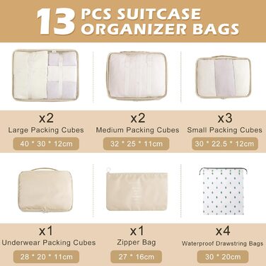 Органайзер для валізи Gemke 13 шт., водонепроникні кубики для пакування, багаж, подорожі (бежевий)