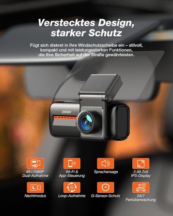 iZEEKER 4K Автомобільний відеореєстратор (Dashcam) з Wi-Fi, 32GB SD-карткою, двоканальний запис 4K+1080P, IPS-дисплей 2.99', Нічне бачення, G-сенсор, Запис по колу, Паркувальний режим 24/7