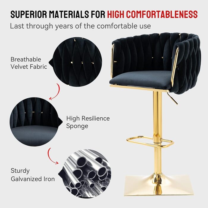 SUPPNEED Velvet Bar Stools 2-Pack - Adjustable Swivel Barstools with Backrest for Kitchen & Bar (Black)