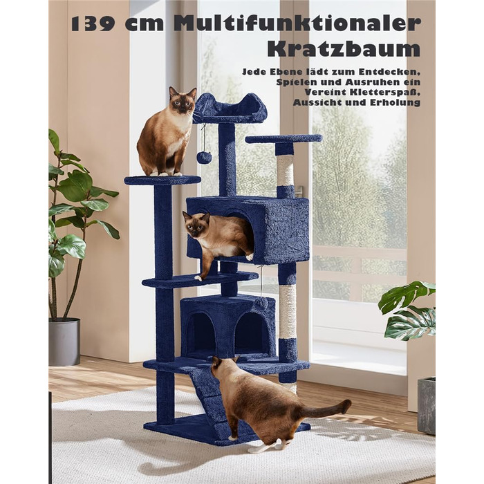 Кігтеточка-кольоротка для котів Yaheetech, 139 см, з 3 платформами, 3 стовпчиками для заточування, 2 будиночками, м'ячиками, блакитний (49 x 49 x 139 см)