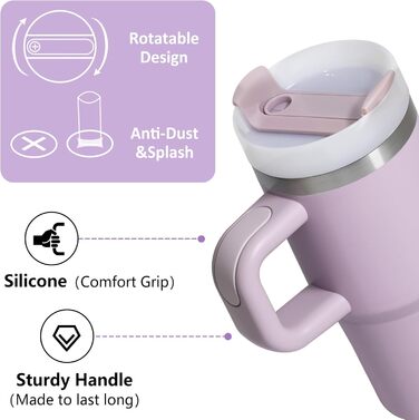 Термокружка ZAKVOP 410мл з трубочкою, кришкою та ручкою. Ізольована термокружка для кави та напоїв на виніс (світло-фіолетовий)