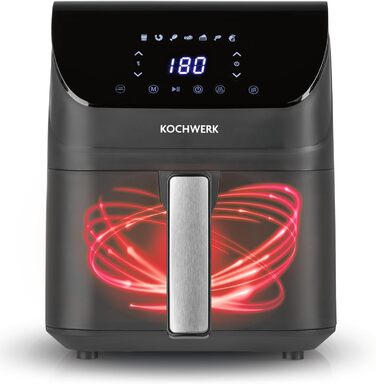 Фритюрниця повітряна RACHS KOCHWERK Vario-Doppelkammer 9 л з роздільною камерою, сенсорним екраном та 8 програмами | Без олії, для здорового харчування, 2700 Вт, Smart-Cook функція (Сірий, 4 літри)