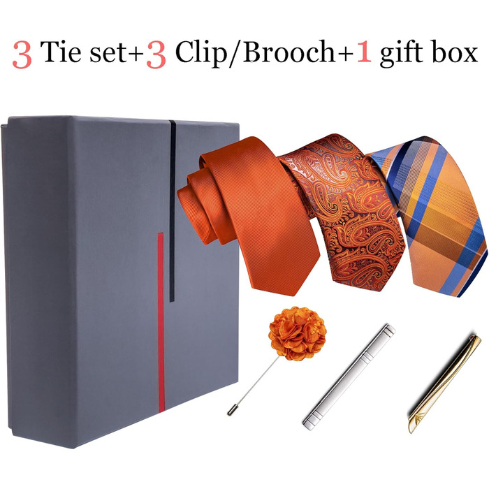 Набір краваток Barry.Wang для чоловіків з візерунком пає, тканина - шовк, з чохлом, краваткові затискачі, формальний стиль (оранжево-смугастий)