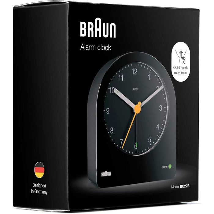 Braun Classic Analog Alarm Clock with Snooze Function and Continuous Backlight, Quiet Quartz Movement, Crescendo Alarm in Black, Model BC22B.