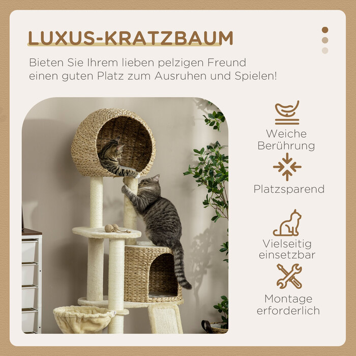 PawHut Драбина для котів з будиночком для котів з ротангу, декілька платформ, гамак та пандус, захист від перекидання, плюш, бежевий, 60 x 60 x 150 см | Aosom