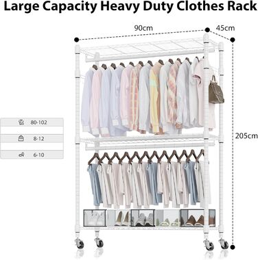 Double Clothes Rack/Garment Rod with Adjustable Shelves, Heavy-Duty Clothes Rack with 2 Hooks, Clothes Rack with Wheels, 90 * 42 * 205cm, White