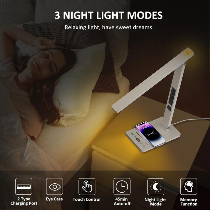 LED лампа настільна YAMYONE з бездротовим зарядним пристроєм та USB-портом, 5 кольорів, регулювання яскравості, нічник, годинник, термометр, для офісу та навчання, білий колір