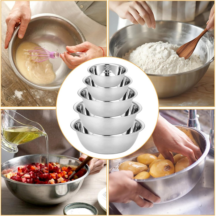 Набір з 5 штук містких металевих чаш GBACHOOSE: 0.58L, 0.9L, 1.6L, 2.05L, 2.6L. Ідеально підходять для приготування, змішування, подачі та зберігання. Зручні, стійкі, легко миються.