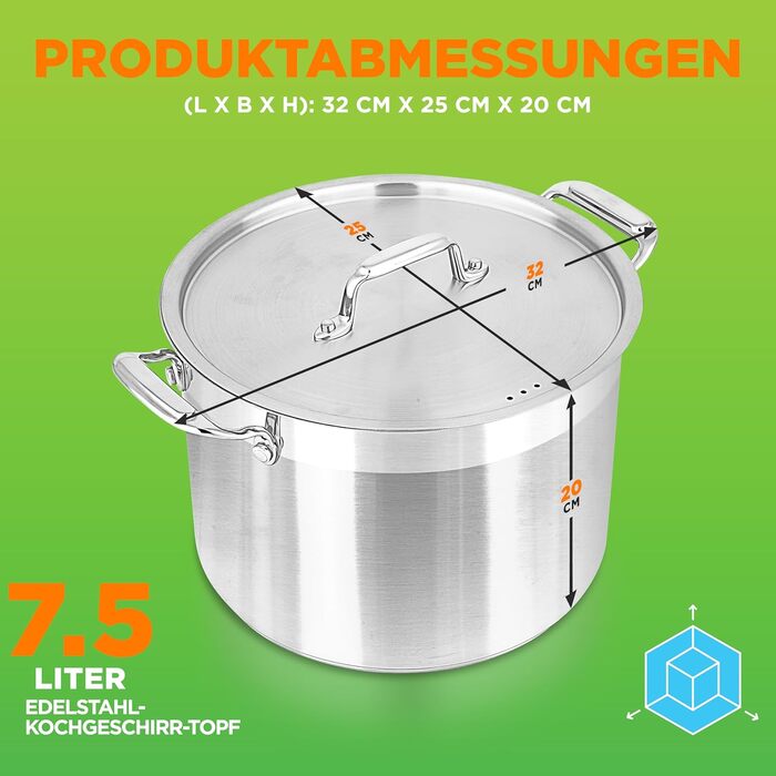 NutriChef Каструля з нержавіючої сталі 8 л 18/8 – Великий суповий та жаровий горщик з кришкою, підходить для індукції, кераміки, галогенових плит, для супів та рагу, харчова сталь, можна мити в посудомийці