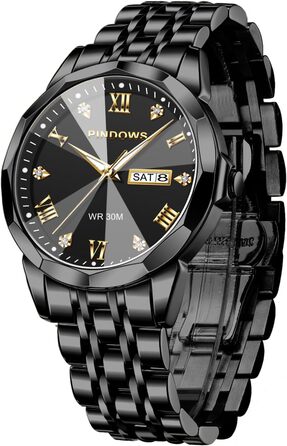 Годинник чоловічий PINDOWS Luxus Quarz аналоговий з датою та великим циферблатом, водостійкий, модний, бізнес-стиль. Елегантний двоколірний годинник з нержавіючої сталі з підсвічуванням календаря De650n1: Чорний