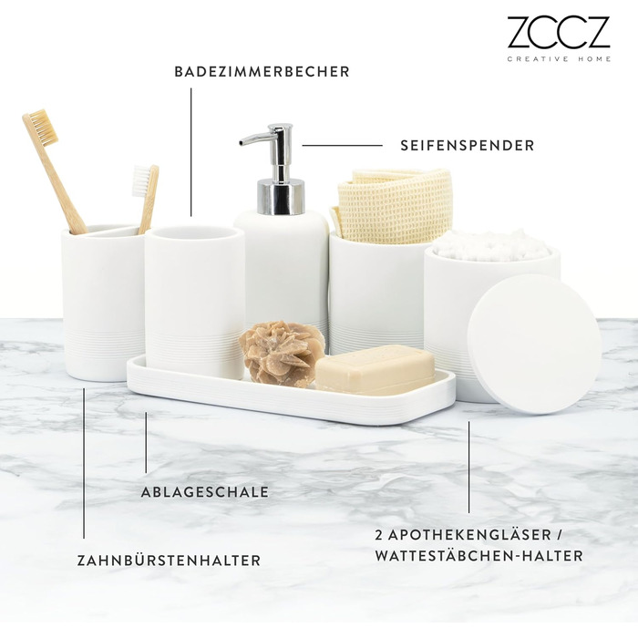ZCCZ 4-Piece Bathroom Accessories Set, Black, with Soap Dispenser, Toothbrush Holder, Bathroom Tumbler, and Vanity Tray, Decorative Countertop Organizer (New White)