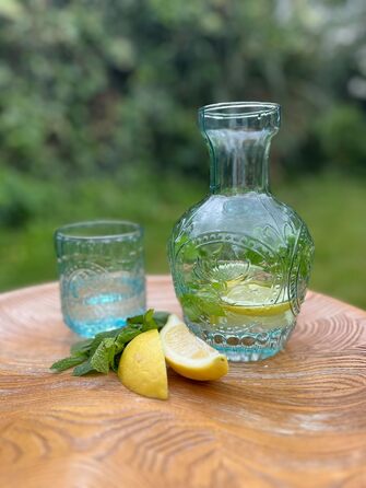 Curator Home Vintage Nightstand Water Carafe and Glass Set - 750 ml Capacity - Elegant Glass Jug for Water, Juice, or Wine - Stylish Home Decor for Kitchen or Dining Room (Light Blue)
