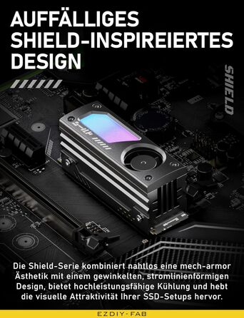 Охолоджувач SSD M.2 EZDIY-FAB Shield ARGB з вентилятором 20mm PWM, алюмінієвий корпус, підтримка ARGB 5V 3-Pin, чорний, 1 шт.