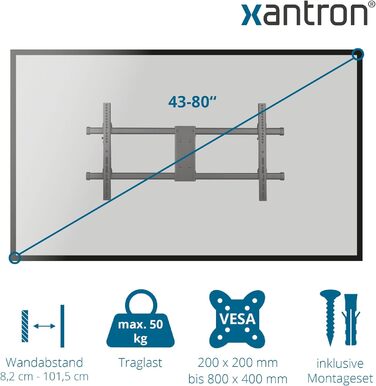 Кронштейн для телевізора Xantron STRONGLINE похилий 37-75 дюймів, VESA до 600x400, макс. 75 кг, плоский, мінімальна відстань від стіни + комплект монтажу (960XL)