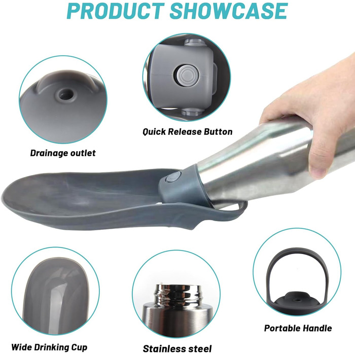 Водяна пляшка для собак ZoneYan 750 мл з нержавіючої сталі, портативна, витокозахисна, для подорожей, парків, кемпінгу, походів (сіра)