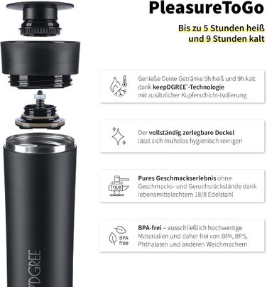 Термокружка 720°DGREE Premium 'PleasureToGo' 450мл, без BPA, не протікає, з нержавіючої сталі, з кришкою, для кави, з ізоляцією, чорна (Onyx Black)
