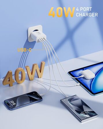 Мережевий адаптер USB C 40W з 4 портами, зарядний пристрій для iPhone, iPad, Samsung та інших пристроїв