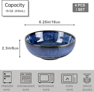 Набір тарілок UNICASA (4 шт.) з порцеляни, 16 см, блакитні - для супу, десерту, каші