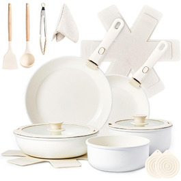 Набір каструль LEADZM з керамічним покриттям (22 шт.) - сумісний з усіма плитами, без PFOA/PFOS, бежевий