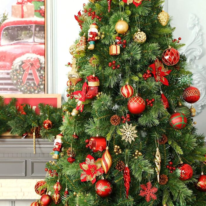 Набір прикрас на ялинку Shareconn 135 шт. – міцні ялинкові кулі з мотузкою, різні розміри та дизайни, декор для ялинки (червоний, зелений, золотий)