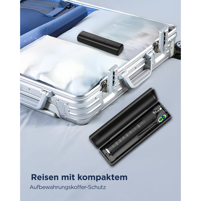 Електрична звукова зубна щітка для дорослих та дітей, 5 режимів чищення, 3 рівні інтенсивності, таймер, 8 насадок, чохол для подорожей, акумуляторна, чорний Obsidianschwarz