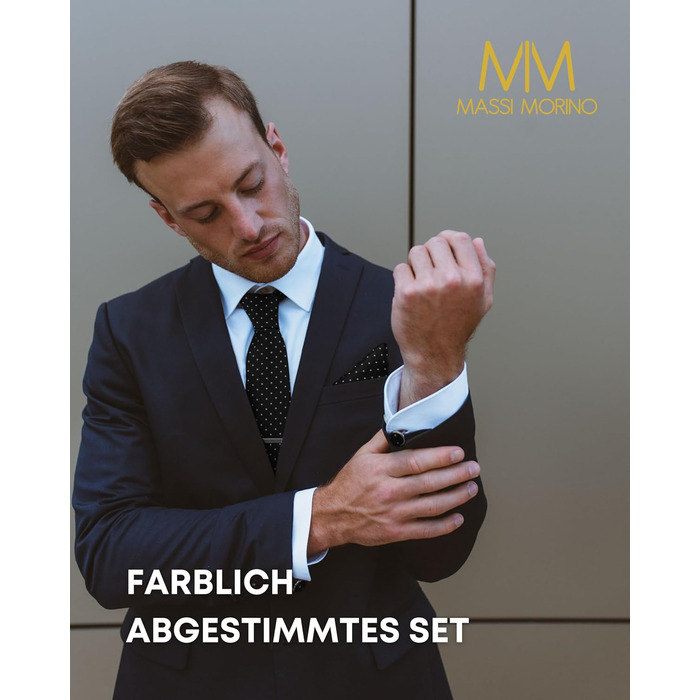 Комплект краватки Massi Morino з нагрудною хустинкою, запонками та затискачем для краватки в подарунковій коробці - Чорна краватка в крапку для весілля