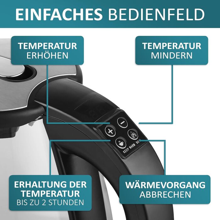 Електричний чайник Ecosa® зі скляною колбою та нержавіючою сталлю, 1,8 л, 2200 Вт, регулювання температури 40°C-100°C, з підігрівом, LED-підсвічуванням, BPA Free