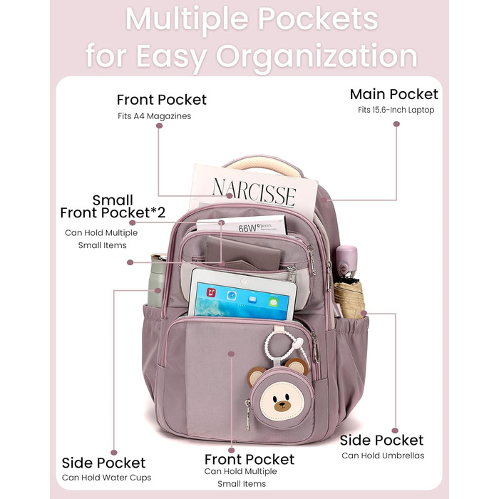 Шкільний рюкзак Makukke для дівчаток, водонепроникний, 30л, для 5 класу, з милим брелоком, зелений