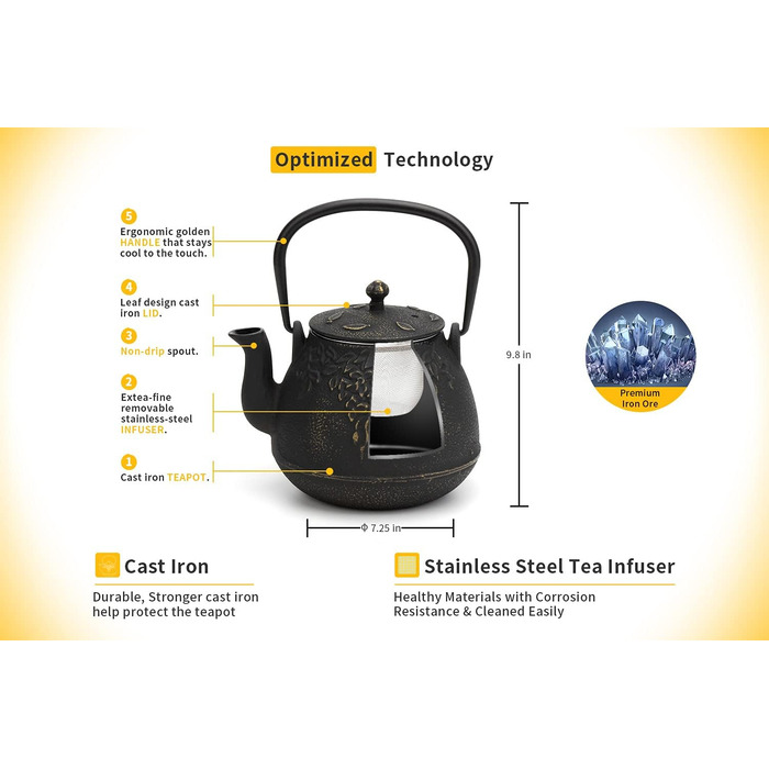 Чайник для плити, чавунний, з ситом для листового чаю, 1,5 л, чорний