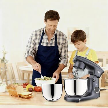 Кухонна машина Camic з LED-дисплеєм, 10 швидкостей, 3 насадками (діядовий, міксер, вінчик) та 2 чашами з нержавіючої сталі 4Л та 5Л для тіста, хліба та тортів, сіра