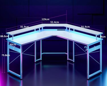 ODK Gaming Table with LED, Gaming Desk with 2 Outlets and 2 USB Charging Ports, PC Table Gaming with a Generous Monitor Stand, Gamer Desk in Carbon Fiber White, 129x129 cm