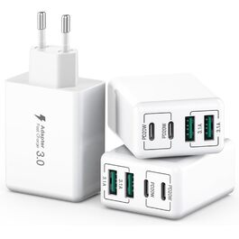 Зарядний пристрій USB-C 40W, 4 порти, PD+QC, для iPhone 15/14/13/12/Pro/Samsung/планшетів - білий (3 шт)