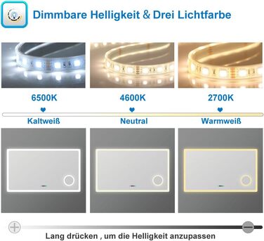 Дзеркало для ванної кімнати з підсвічуванням, 3 кольори, регулювання яскравості, пам'ять, 70x50 см, LED, годинник, антизапотівання, енергозбереження