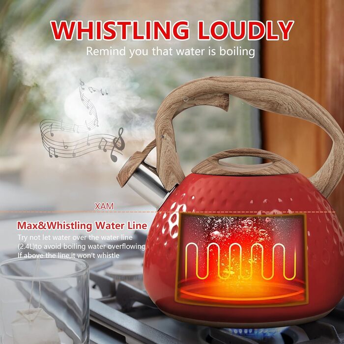 Чайник Harriet Teekessel для плити, 2,5 л, з флейтою, 5-шаровий, з нержавіючої сталі, з термостійким ручками, для газових та електричних плит, червоний, блискучий