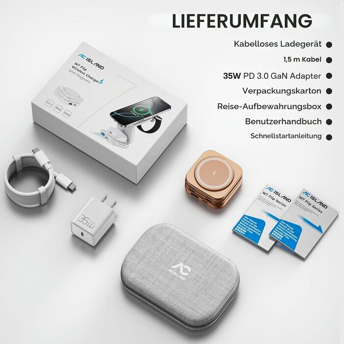 Бездротова зарядна станція 5 в 1 AC Island для iPhone 17/16/15/14/13/12, Apple Watch 11/Ultra та AirPods Pro, MagSafe, складана, срібляста (з адаптером 35W)