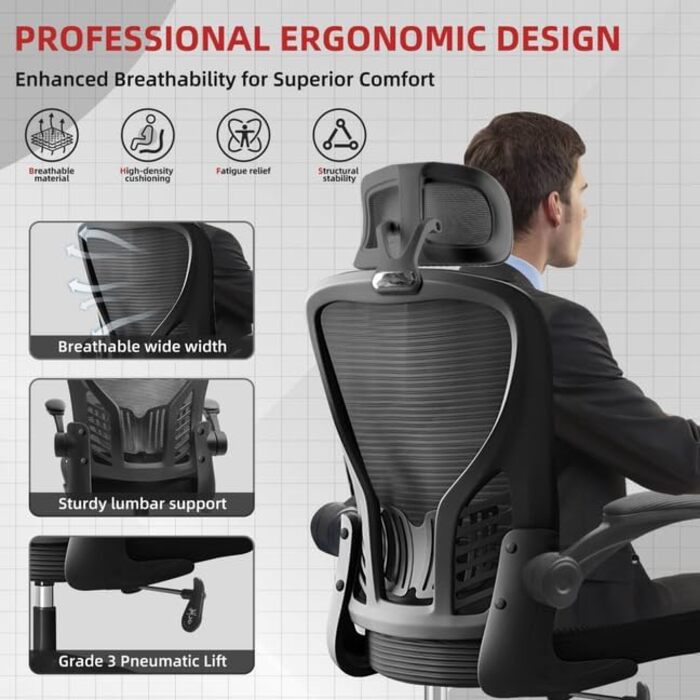 Ергономічне крісло для офісу та геймінгу з регульованою підголівником та підлокітниками, підтримкою попереку, дихаючою спинкою, регулюванням висоти та роликами. Чорний колір.