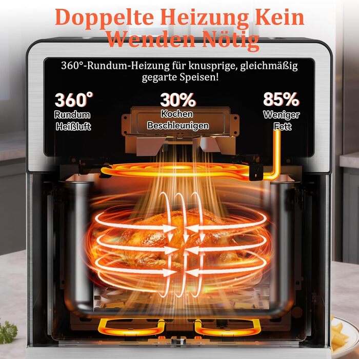 Аерофритюрниця 12л 2 камери 2600W Airfryer XXL срібна - багатофункціональна фритюрниця з верхнім та нижнім нагріванням, вікном та підсвіткою