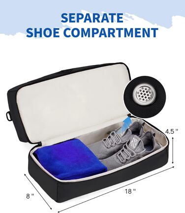 Спортивна сумка Wandf для ручної поклажі літака (45x36x20 см) з відділенням для взуття та мокрих речей, чорна