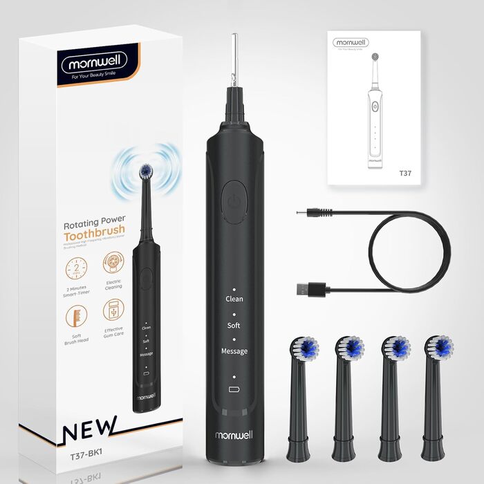 Електрична зубна щітка Mornwell ротаційна з 3 режимами, USB зарядка, 4 насадки, для дорослих та дітей (Чорна)