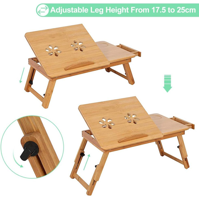 Стіл для ноутбука з бамбука, регульований та складаний: стіл-підставка для ноутбука з ящиком для дому, офісу та навчання