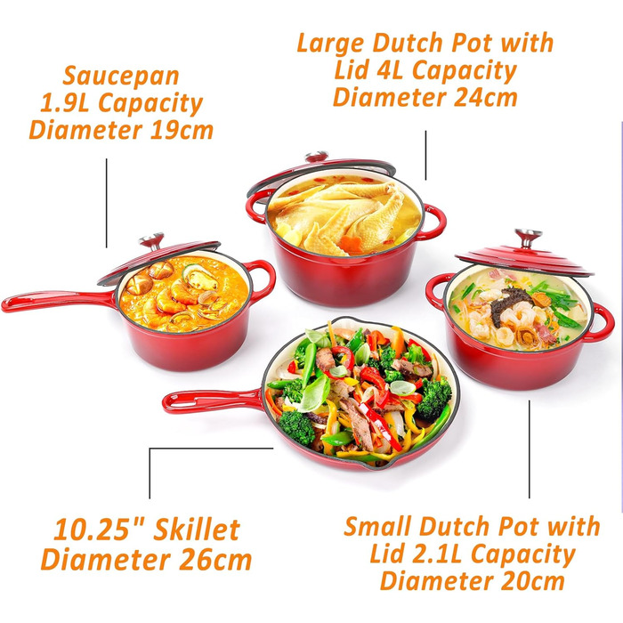 Набір чавунної емальованої посуду Denmay 7 предметів: голландська піч, сковорода, каструля для тушкування, соусник, 3 кришки, червоний. Підходить для всіх типів плит.