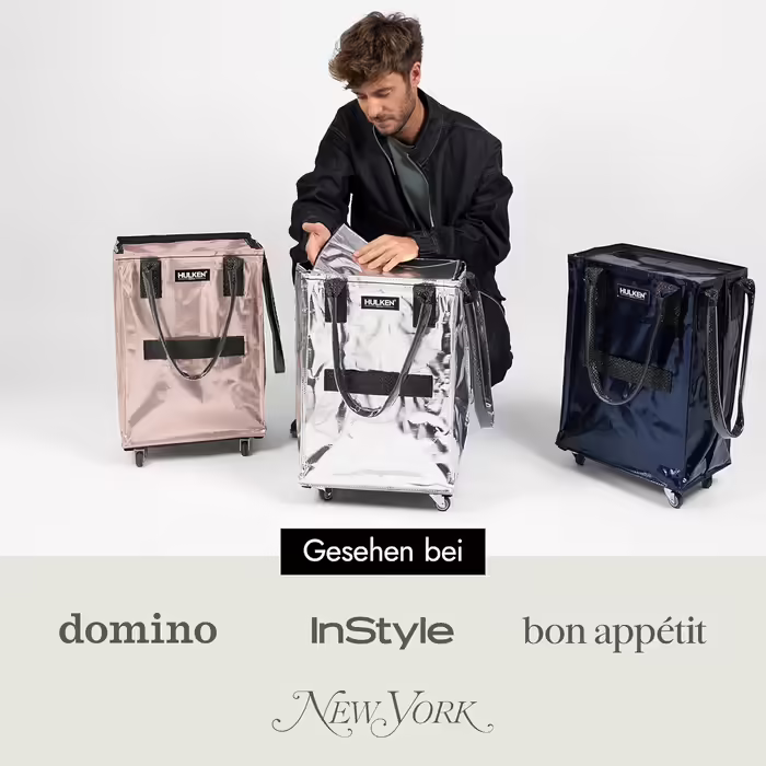 HULKEN - (Small, Rose Gold) Reusable shopping bag on wheels. The shopping cart can carry up to 30 kg, has sturdy handles, a zipper, and is flat, lightweight, and foldable.