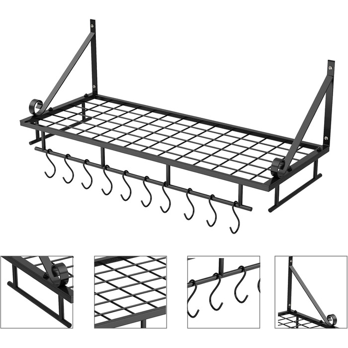 K-1121 60 CM Black Large Kitchen Shelf, Wall Shelf for Pots, Pans, and Utensils, Hanging Shelf with 10 Hooks